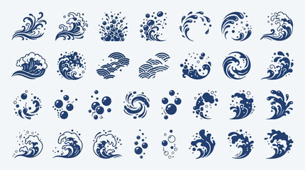 Fototapeta premium Japanese Wave Elements with Ocean Foam Water Splash Sea Spray Droplet Swirl Decorative Vector Collection Traditional Japanese Marine Design