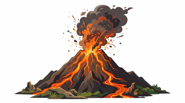 Volcano eruption vector illustration. Mountain volcano with glowing lava streams and dramatic plume, simple modern style isolated on white background.