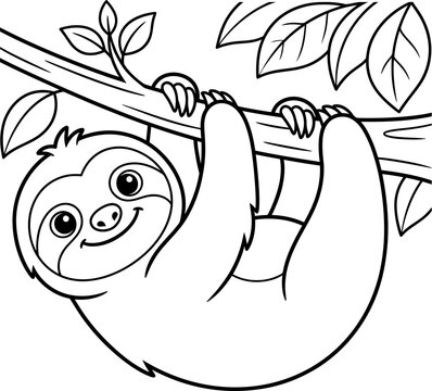 Cute cartoon sloth hanging from a branch line art isolated on transparent background