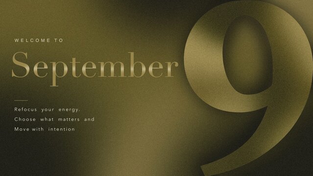 Refined September editorial calendar poster featuring a graceful sculptural number 9, elegant serif typography, monochrome olive and moss tones, tactile grain, a mature focus and transition concept