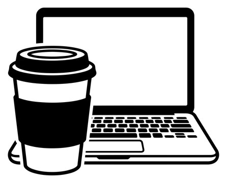 Laptop computer and coffee cup, remote work, digital nomad, coffee break illustration