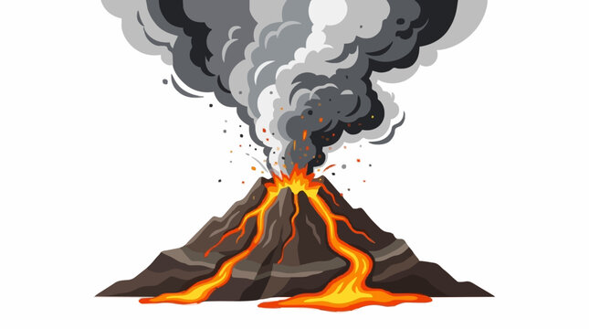 Volcano eruption vector illustration. Mountain volcano with glowing lava streams and dramatic plume, simple modern style isolated on white background.