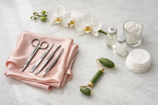 Spa manicure still life with orchid jade roller and satin towels