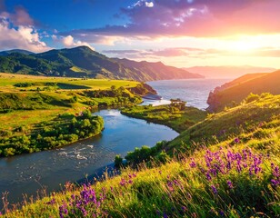 Naklejka premium Serene lake surrounded by rolling green hills at sunrise.