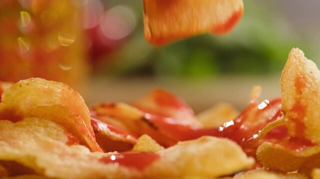 Potato chips, Spanish snack with hot sauce, served for vermouth and beer pairing