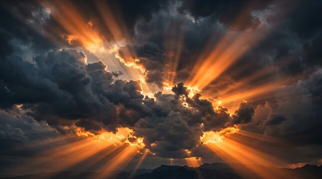 Dramatic golden sunlight breaking through dark storm clouds representing hope divine inspiration spiritual awakening resilience and peaceful renewal
