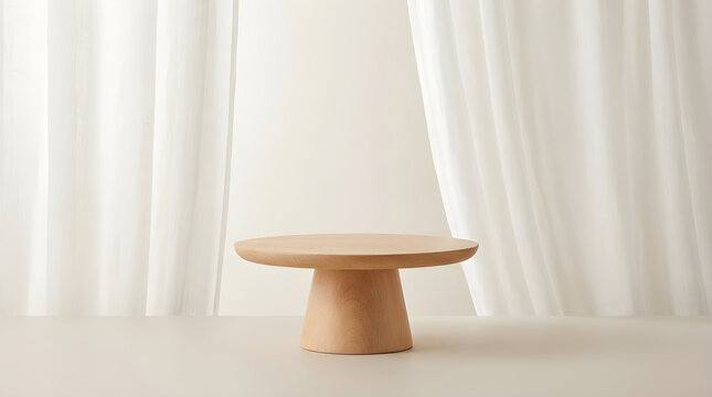 Minimalist wooden cake stand pedestal on a clean surface with soft white curtains