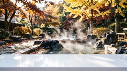 Fototapeta premium Autumn Garden with Steamy Pond and White Tabletop for Product Display