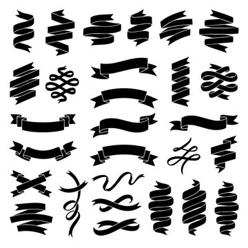 Collection of black ink decorative ribbon and banner isolated on a white background, for and framing ribbons