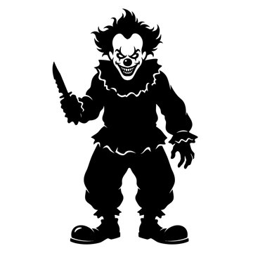 Evil Joker Silhouette, Scary Knife Wielding Clown Vector Set, Black White Horror Character Illustration, Threatening Evil Jester Icon, Halloween Villain Graphic isolated on White Background