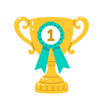 Gold trophy cup first place winner award prize. Golden champion goblet with turquoise rosette ribbon badge and number 1 in center. Shining success symbol of top achievement and grand victory clipart