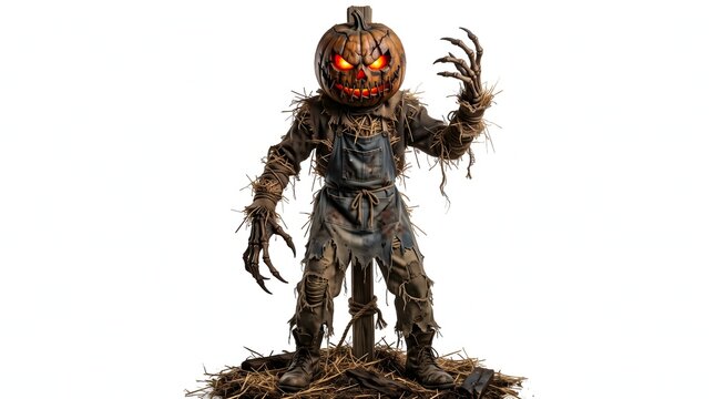 A frightening scarecrow with a glowing jack o lantern head is poised in a field to haunt halloween night