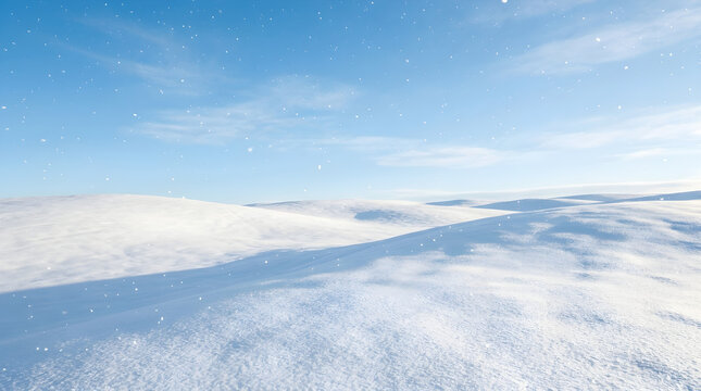 Snowy landscape with rolling hills under a clear blue sky with light snowfall