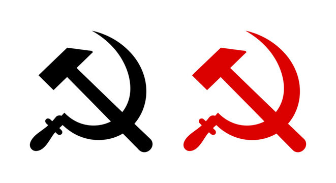 Two hammer and sickle symbols are depicted in black and red against a white background