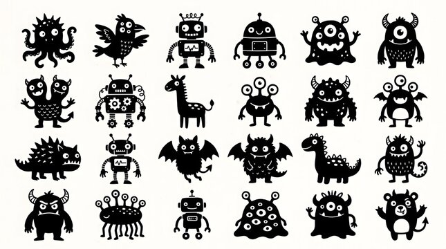 A playful arrangement of black silhouette monster and robot characters displayed in a neat and whimsical grid pattern design