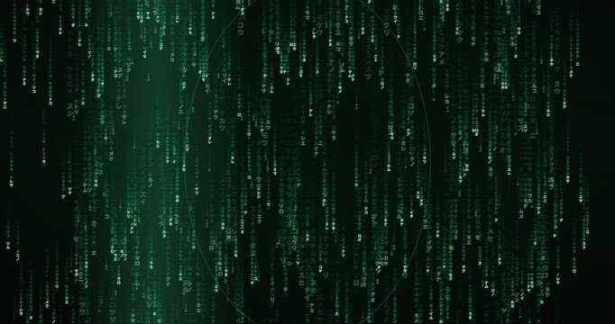 Japanese katakana characters cascade in a dense, green code storm animation with a deep tunnel effect.