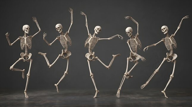 Five human skeletal figures are captured in energetic dance positions on a dark gray backdrop demonstrating fluid motion