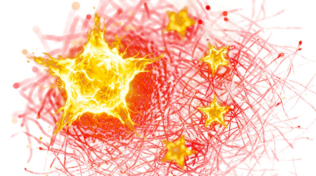 Glowing golden starbursts scattered across vibrant red abstract textures, Chinese flag element for China National Day, isolated cutout illustration on transparent background for patriotic celebration