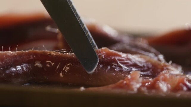 Salted Spanish anchovies small fish, a premium Mediterranean delicacy with rich canned flavor and texture. Traditional seafood ingredient, perfect for tapas, gourmet dishes, salads, pizzas, tapas