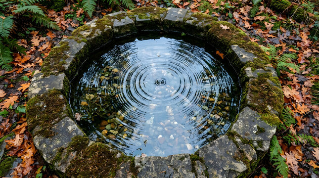 A circular stone well filled with clear water and pebbles surrounded by fallen autumn leaves and green ferns in a forest setting