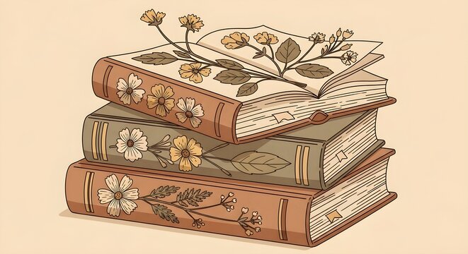 Vintage illustrated stack of botanical books with flowers representing literature, education, knowledge, reading, heritage and cozy scholarly decor