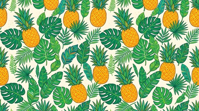 Seamless tropical pineapple pattern with lush green leaves and golden fruit creating a cheerful summer background for textiles, packaging and decor