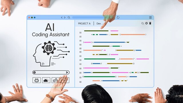 Interactive Workspace Featuring AI Coding Assistant Interface with Diverse Hands Engaging in Collaborative Programming Session and Focused Teamwork on Innovative Software Development. Entropy.