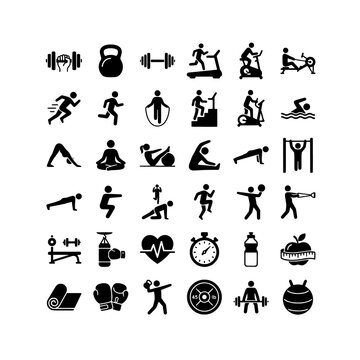 Fitness and gym workout vector icons set bundle illustration
