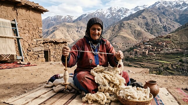 Senior woman spinning raw wool into yarn in a mountain village setting