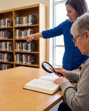 Older Reader Uses Magnifying Glass With Librarian Assistance