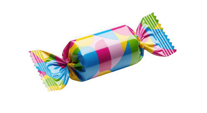 Colorful candy gift wrap with festive bow. Vibrant striped confectionery packaging for celebrations and promotions.
