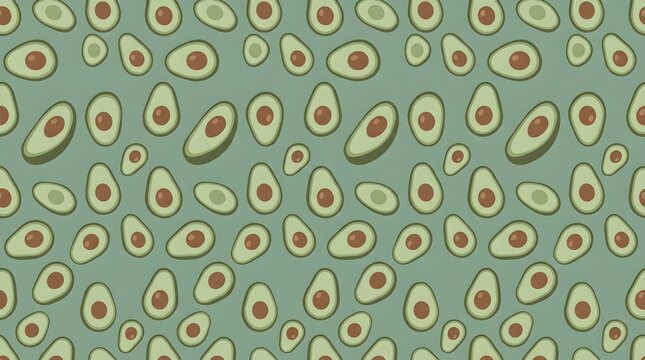 Seamless avocado pattern with green fruit slices on a muted background, creating a playful botanical food design for textiles, packaging and kitchen decor