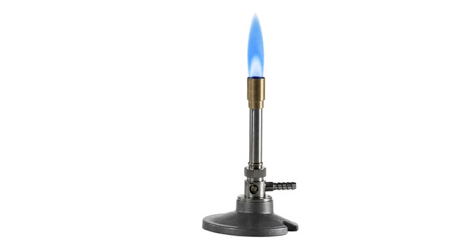 Bunsen burner with a hot blue flame against black