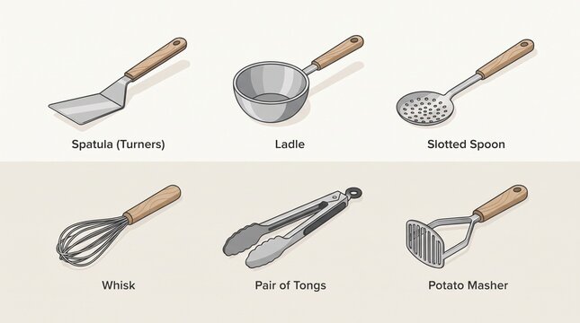 Kitchen Utensil Icon Collection: Spatula, Ladle, Slotted Spoon, Whisk, Tongs, and Potato Masher Illustrated in Minimalist Style with Wooden Handles for Culinary Projects
