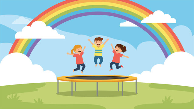 Group of happy school kids jumping high on an outdoor trampoline in a backyard green grass lawn under a bright rainbow.