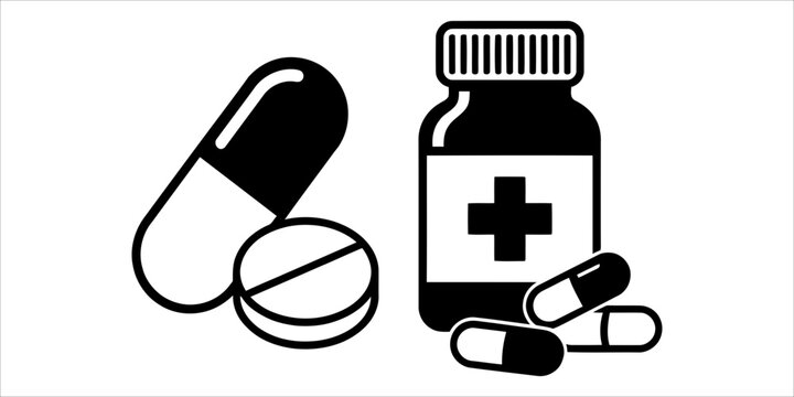 Medical pills capsules and prescription medicine bottle vector icon graphic set