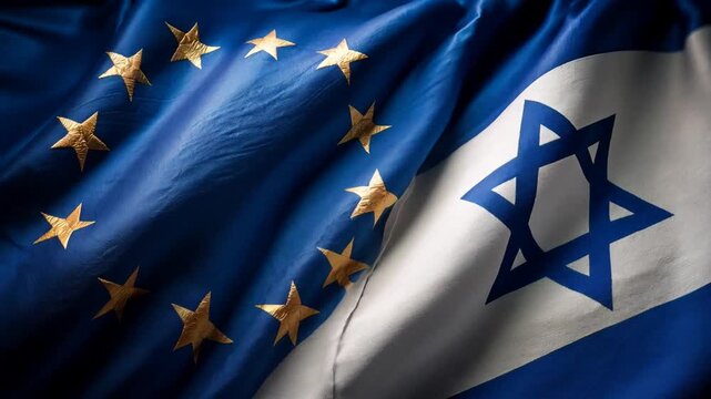 eu flag and israeli flag waving. relations between european union and israel
