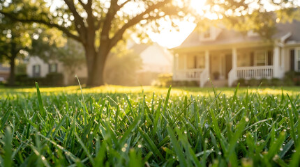 Naklejka premium Dewy green grass in front of a house at sunrise