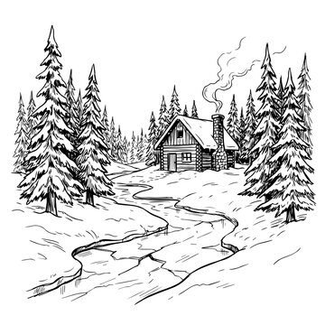 Black and white line of a cozy log cabin in a snowy pine forest with a winding path and smoke rising from the chimney