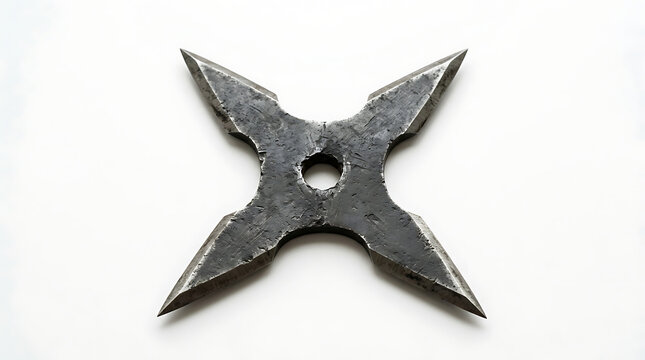 Four Point Shuriken Metal Throwing Star Isolated Against A Plain White Background