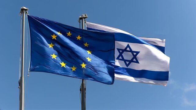 eu flag and israeli flag waving in blue sky. relations between european union and israel