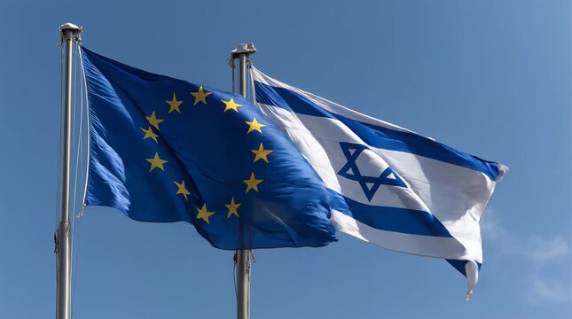 eu flag and israeli flag waving in blue sky. relations between european union and israel