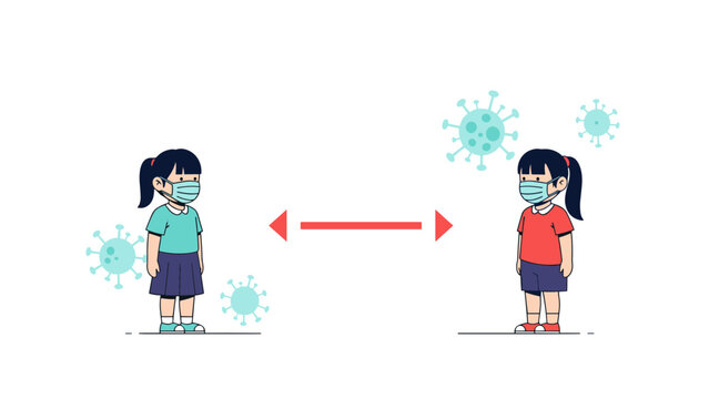 Two young school girls wearing protective medical face masks and maintaining proper social distance.