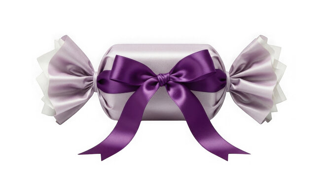 Elegant purple and white gift bow for packaging. Decorative satin ribbon knot isolated on transparent background.
