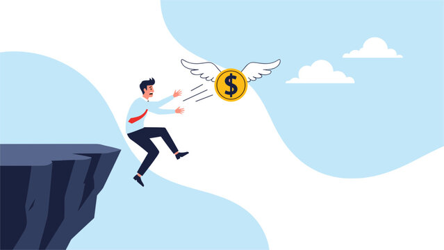 Desperate businessman jumping off a steep rocky cliff in a futile attempt to catch a flying gold dollar coin with wings.