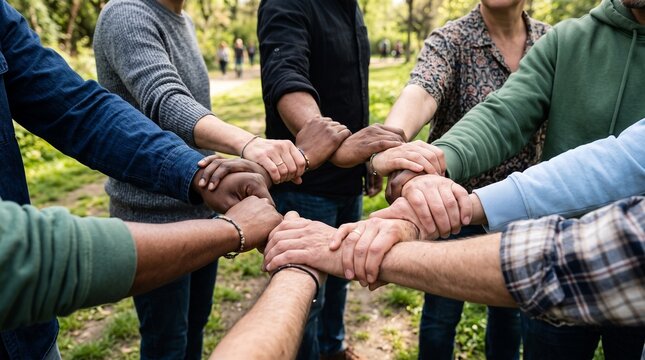 Hands United in Purpose: A diverse group of people stand in a circle, their hands clasped together in a powerful display of unity and collective strength.