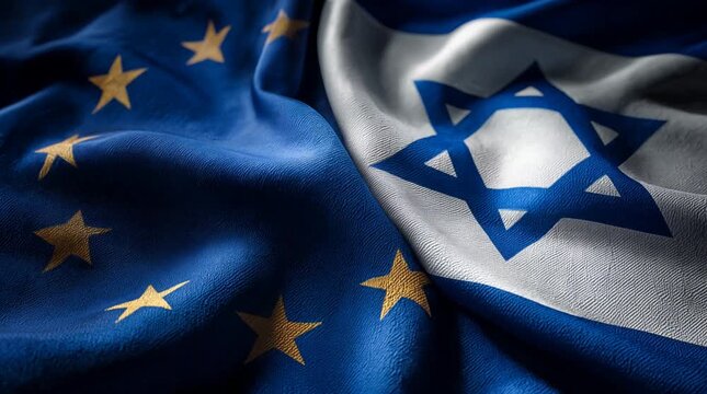 eu flag and israeli flag waving. relations between european union and israel