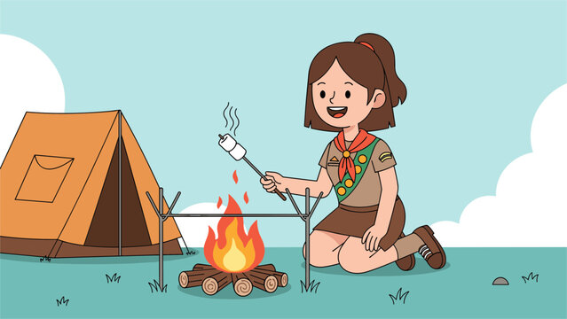 Girl scout roasting sweet marshmallows on a stick over a cozy campfire near her tent during summer camp adventure.