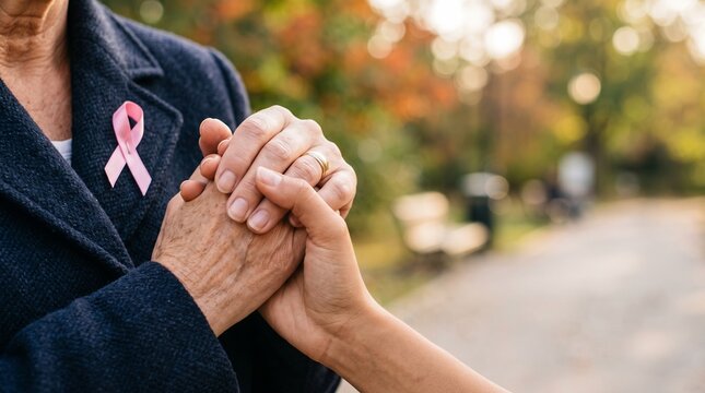 Shared Hope: A close-up shows two hands clasped together, one older and one younger, symbolizing support and solidarity during Breast Cancer Awareness Month.