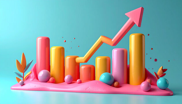 3D bar chart with upward trending arrow and colorful abstract
